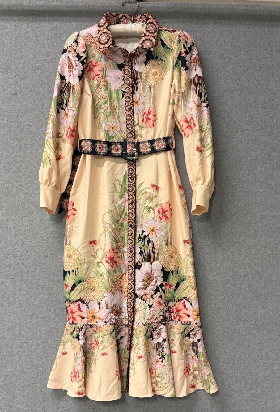 A. Peach Botanical Floral Fit & Flare Maxi Shirt Dress Belted Lantern Size Large